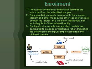 1) The quality/duration/loudness/pitch features are
   extracted from the submitted sample.
2) The extracted sample is compared to the claimed
   identity and other models. The other-speakers models
   contain the “states” of a variety of individuals, not
   including that of the claimed identity.
3) The input voice sample and enrolled models are
   compared to produce a “likelihood ratio”, indicating
   the likelihood of the input sample came from the
   claimed speaker.
 