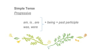 Simple Tense
Progressive
am, is , are + being + past participle
was, were
 