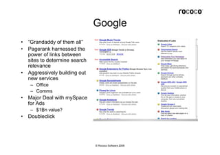 Google
•   “Grandaddy of them all”
•   Pagerank harnessed the
    power of links between
    sites to determine search
   ...