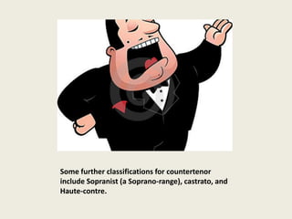 Some further classifications for countertenor
include Sopranist (a Soprano-range), castrato, and
Haute-contre.
 