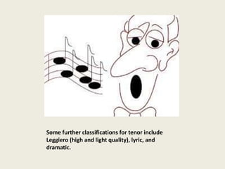Some further classifications for tenor include
Leggiero (high and light quality), lyric, and
dramatic.
 