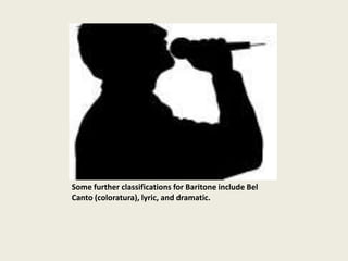 Some further classifications for Baritone include Bel
Canto (coloratura), lyric, and dramatic.
 