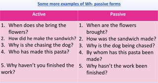 Active Passive
1. When does she bring the
flowers?
2. How did he make the sandwich?
3. Why is she chasing the dog?
4. Who has made this pasta?
5. Why haven’t you finished the
work?
1. When are the flowers
brought?
2. How was the sandwich made?
3. Why is the dog being chased?
4. By whom has this pasta been
made?
5. Why hasn’t the work been
finished?
Some more examples of Wh- passive forms
 