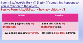 I don’t like/love/dislike + V4 (ing) – (If something happens to
you in relation to the object!)
Passive Form- Like/dislike… + having + object + V3
Active Passive
I don’t like people taking my
photograph.
I don’t like having my
photograph taken.
I love people admiring my dress. I love having my dress admired.
 