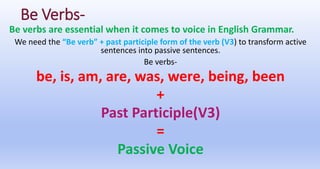 Be Verbs-
Be verbs are essential when it comes to voice in English Grammar.
We need the “Be verb” + past participle form of the verb (V3) to transform active
sentences into passive sentences.
Be verbs-
be, is, am, are, was, were, being, been
+
Past Participle(V3)
=
Passive Voice
 