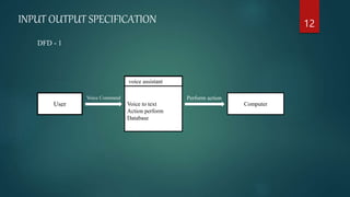 User Voice to text
Action perform
Database
voice assistant
Computer
Voice Command Perform action
DFD - 1
12
INPUT OUTPUT SPECIFICATION
 