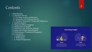 Contents
 1.Introduction
 2. Literature Survey
2.1 Existing system architecture
2.2 Summary of Literature Survey
2.3 Problem Statement, Scope and Objectives
 3. Implementation
3.1 Proposed Block Diagram
3.2 Mathematical Model
3.3 Hardware and Software Details
3.4 Input and Output Specification
3.5 Performance Evaluation Parameters
3.6 Conclusion
 4. Application
 5. References
 6. Acknowledgement
2
 