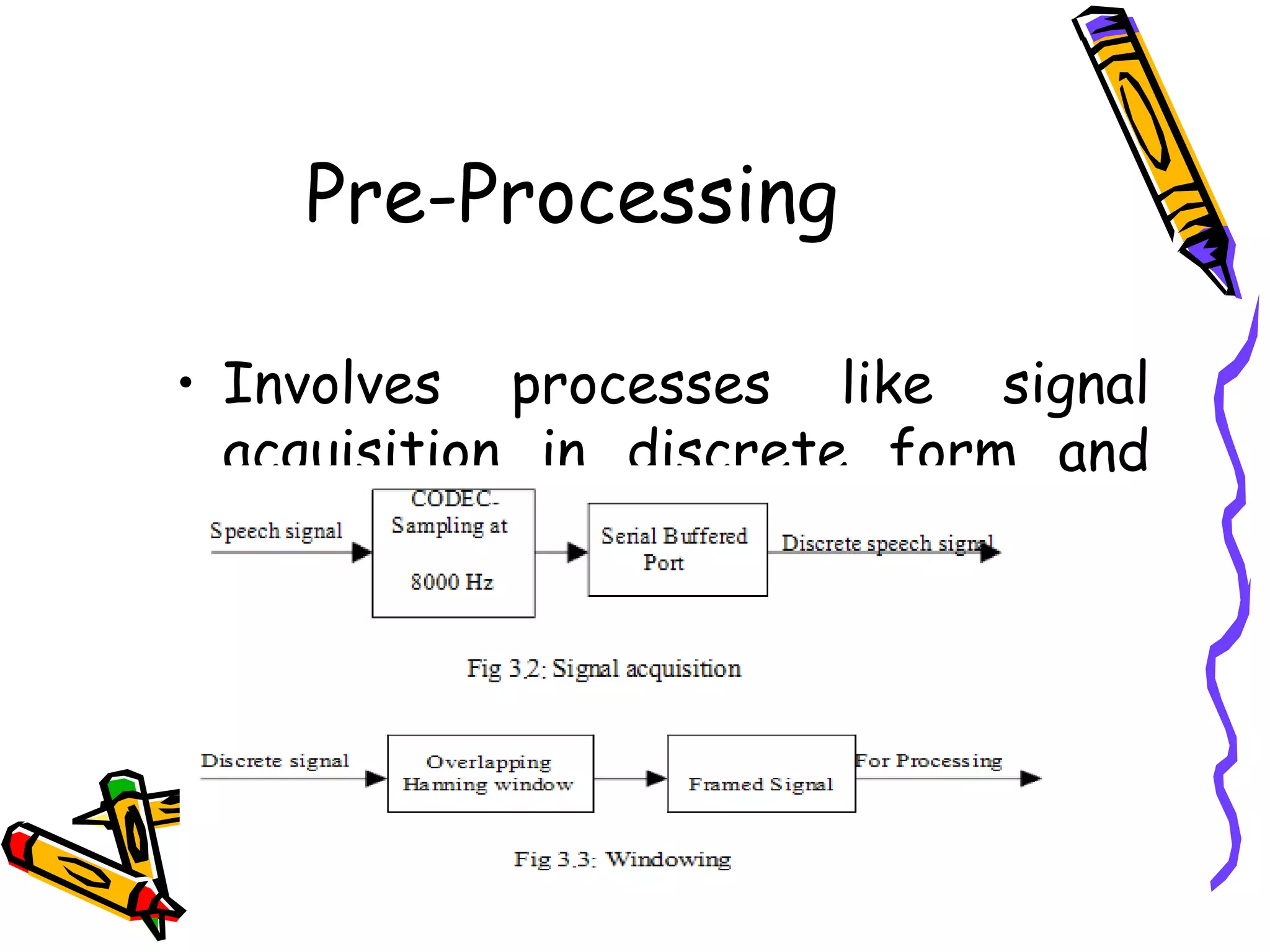 Pre-Processing

    • Involves processes like signal
      acquisition in discrete form and
      windowing.




8
 