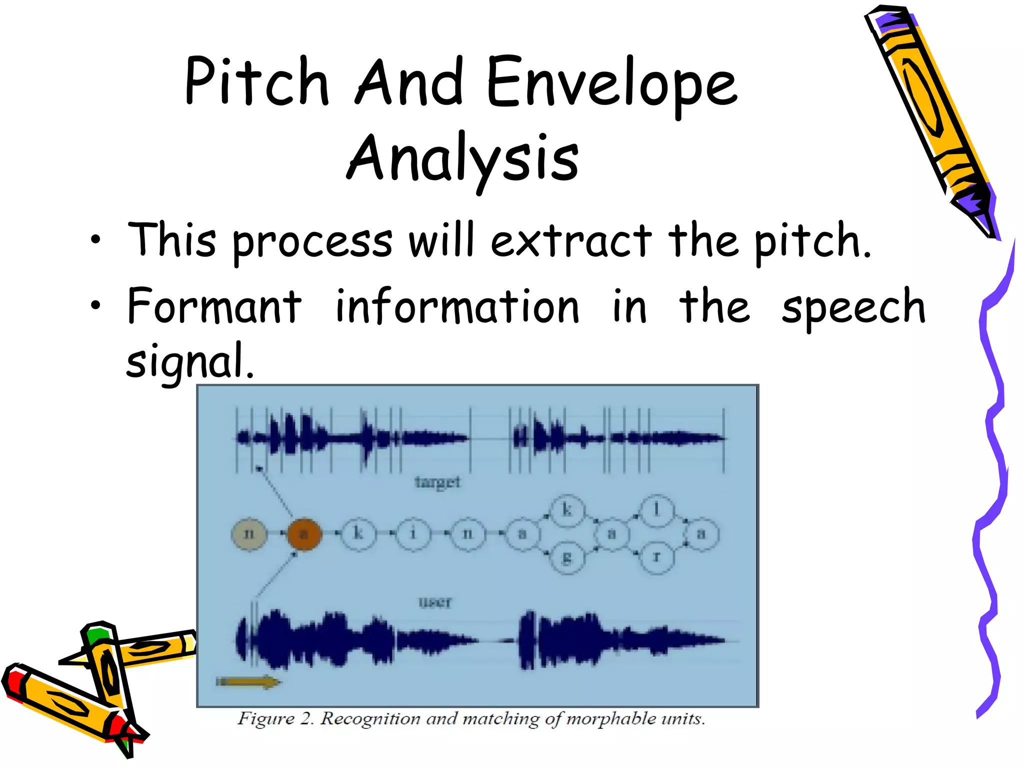 Pitch And Envelope
              Analysis
    • This process will extract the pitch.
    • Formant information in the speech
      signal.




9
 