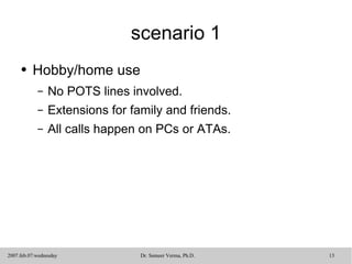 scenario 1 Hobby/home use No POTS lines involved.  Extensions for family and friends.  All calls happen on PCs or ATAs. 