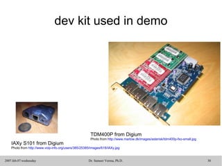 dev kit used in demo TDM400P from Digium Photo from  http://www.marlow.dk/images/asterisk/tdm400p-fxo-small.jpg IAXy S101 from Digium Photo from  http://www.voip-info.org/users/385/25385/images/618/IAXy.jpg 