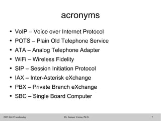 acronyms VoIP – Voice over Internet Protocol POTS – Plain Old Telephone Service ATA – Analog Telephone Adapter WiFi – Wireless Fidelity SIP – Session Initiation Protocol IAX – Inter-Asterisk eXchange PBX – Private Branch eXchange SBC – Single Board Computer 