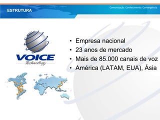 Comunicação. Conhecimento. Convergência
• Empresa nacional
• 23 anos de mercado
• Mais de 85.000 canais de voz
• América (LATAM, EUA), Ásia
ESTRUTURA
 