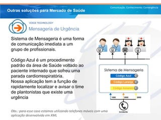 Comunicação. Conhecimento. Convergência
Outras soluções para Mercado de Saúde
Sistema de Mensageria é uma forma
de comunicação imediata a um
grupo de profissionais.
Código Azul é um procedimento
padrão da área de Saúde voltado ao
paciente internado que sofreu uma
parada cardiorrespiratória.
Nossa aplicação tem a função de
rapidamente localizar e avisar o time
de plantonistas que existe uma
urgência
Obs.: para esse caso estamos utilizando telefones móveis com uma
aplicação desenvolvida em XML
 