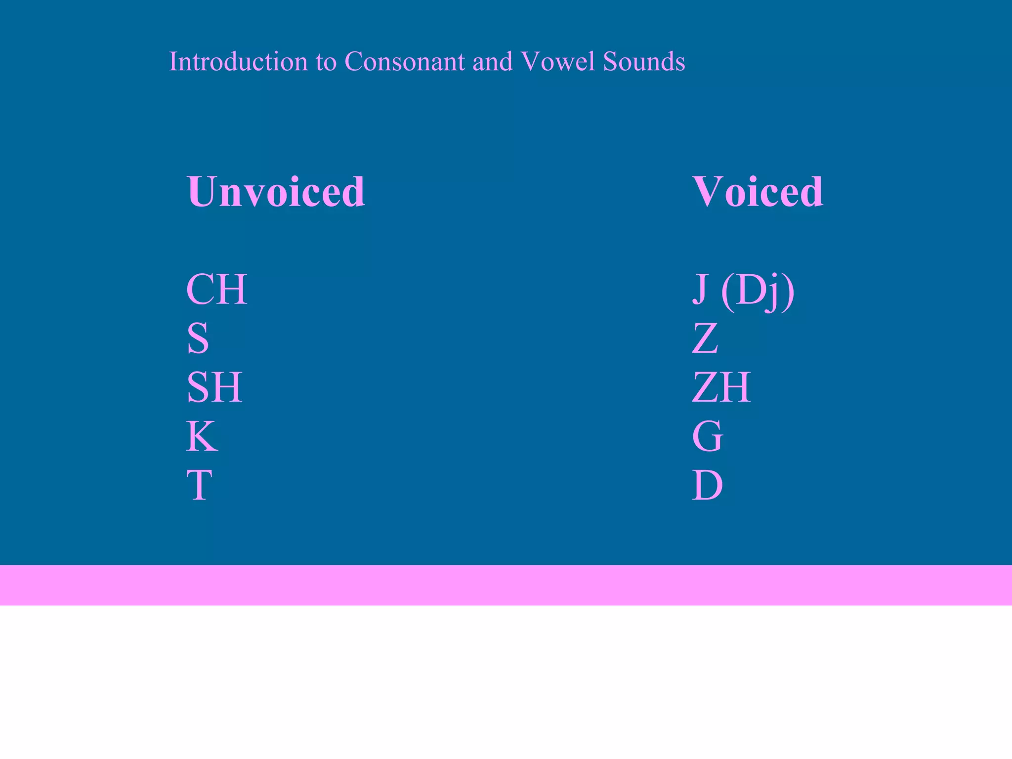 Unvoiced Voiced CH J (Dj) S Z SH ZH K G T D Introduction to Consonant and Vowel Sounds 