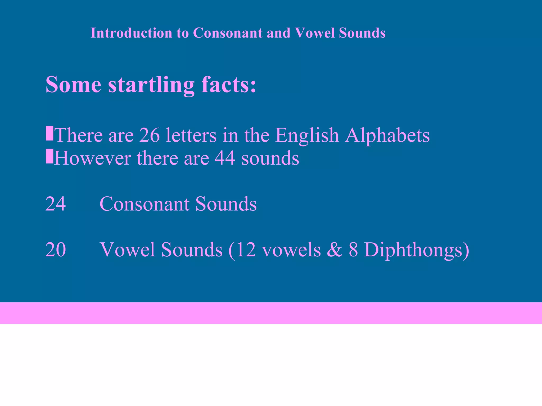 Some   startling facts: There are 26 letters in the English Alphabets However there   are 44   sounds 24 Consonant Sounds 20 Vowel Sounds (12 vowels & 8 Diphthongs) Introduction to Consonant and Vowel Sounds 