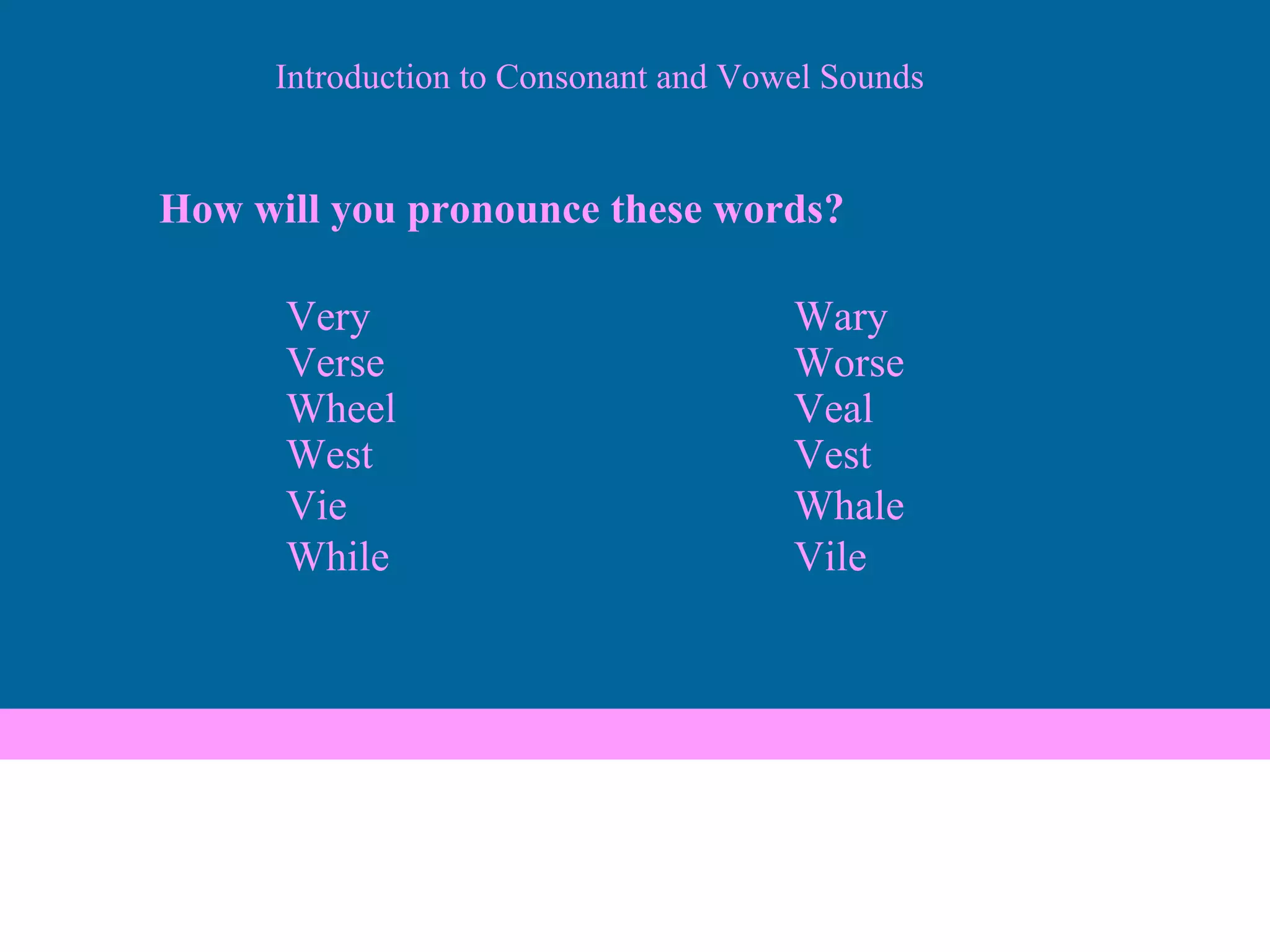 How will you pronounce these words? Very Wary Verse Worse Wheel Veal West Vest Vie Whale While Vile Introduction to Consonant and Vowel Sounds 
