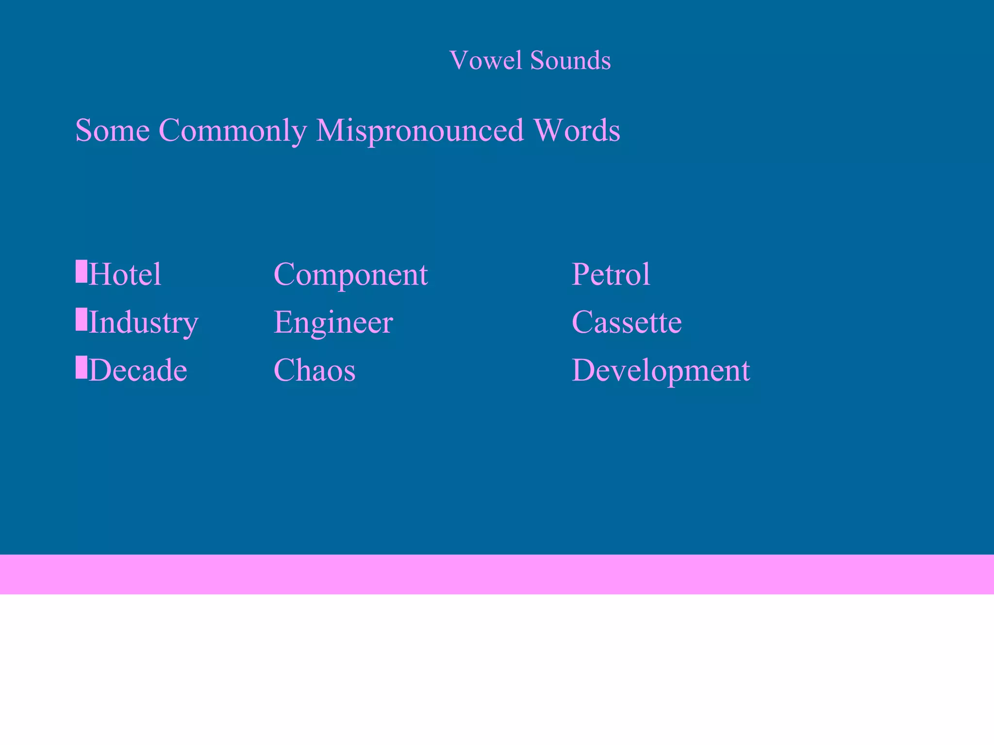 Vowel Sounds Some Commonly Mispronounced Words Hotel Component Petrol Industry Engineer Cassette Decade Chaos Development 