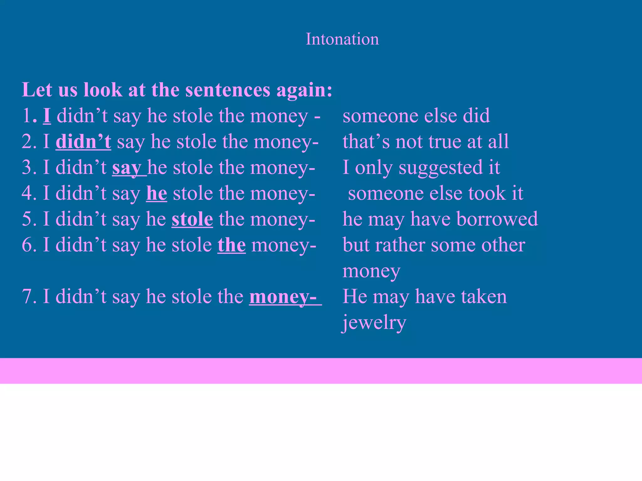 Intonation Let us look at the sentences again: 1 .  I   didn’t say he stole the money -  someone else did 2. I  didn’t  say he stole the money-  that’s not true at all 3. I didn’t  say  he stole the money-  I only suggested it 4. I didn’t say  he  stole the money-  someone else took it 5. I didn’t say he  stole  the money- he may have borrowed  6. I didn’t say he stole  the  money-  but rather some other money 7. I didn’t say he stole the  money-  He may have taken jewelry 