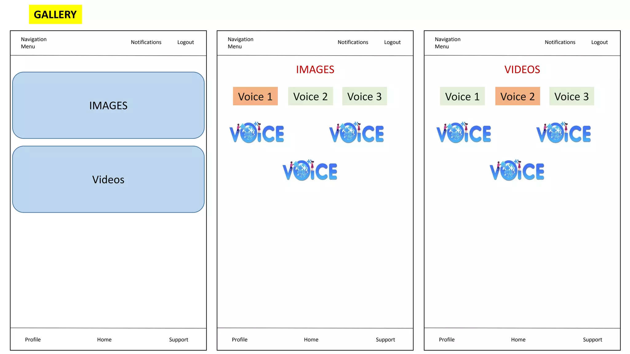 Navigation
Menu
Notifications Logout
Home Support
Profile
IMAGES
Videos
Navigation
Menu
Notifications Logout
Home Support
Profile
IMAGES
Voice 1 Voice 2 Voice 3
Navigation
Menu
Notifications Logout
Home Support
Profile
VIDEOS
Voice 1 Voice 2 Voice 3
GALLERY
 