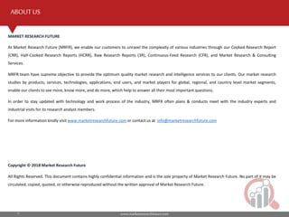 www.marketresearchfuture.com7
ABOUT US
MARKET RESEARCH FUTURE
At Market Research Future (MRFR), we enable our customers to unravel the complexity of various industries through our Cooked Research Report
(CRR), Half-Cooked Research Reports (HCRR), Raw Research Reports (3R), Continuous-Feed Research (CFR), and Market Research & Consulting
Services.
MRFR team have supreme objective to provide the optimum quality market research and intelligence services to our clients. Our market research
studies by products, services, technologies, applications, end users, and market players for global, regional, and country level market segments,
enable our clients to see more, know more, and do more, which help to answer all their most important questions.
In order to stay updated with technology and work process of the industry, MRFR often plans & conducts meet with the industry experts and
industrial visits for its research analyst members.
For more information kindly visit www.marketresearchfuture.com or contact us at info@marketresearchfuture.com
Copyright ? 2018 Market Research Future
All Rights Reserved. This document contains highly confidential information and is the sole property of Market Research Future. No part of it may be
circulated, copied, quoted, or otherwise reproduced without the written approval of Market Research Future.
 