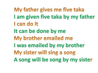 I am given five taka by my father
It can be done by me
I was emailed by my brother
A song will be song by my siste
 