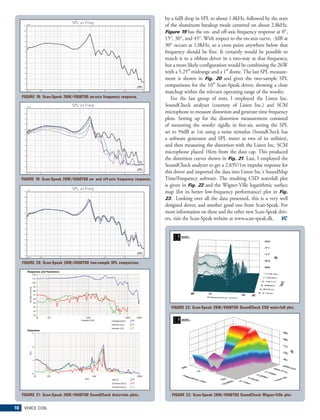 by a 6dB drop in SPL to about 1.8kHz, followed by the start
                                SPL vs Freq
      105
            dBSPL
                                                                              of the aluminum breakup mode centered on about 2.8kHz.
      100
                                                                              Figure 19 has the on- and off-axis frequency response at 0°,
                                                                              15°, 30°, and 45°. With respect to the on-axis curve, -3dB at
       95


       90


       85                                                                     30° occurs at 1.0kHz, so a cross point anywhere below that
       80                                                                     frequency should be fine. It certainly would be possible to
       75
                                                                              match it to a ribbon driver in a two-way at that frequency,
                                                                              but a more likely configuration would be combining the 26W
       70


       65


       60                                                                     with a 5.25″ midrange and a 1″ dome. The last SPL measure-
       55                                                                     ment is shown in Fig. 20 and gives the two-sample SPL
       50
                                                                              comparisons for the 10″ Scan-Speak driver, showing a close
                                                                              matchup within the relevant operating range of the woofer.
       45
         300 Hz     500   1K       2K            5K         10K       20K



     FIGURE 18: Scan-Speak 26W/4558T00 on-axis frequency response.               For the last group of tests, I employed the Listen Inc.
      105
            dBSPL
                                SPL vs Freq                                   SoundCheck analyzer (courtesy of Listen Inc.) and SCM
      100                                                                     microphone to measure distortion and generate time frequency
       95                                                                     plots. Setting up for the distortion measurement consisted
       90
                                                                              of mounting the woofer rigidly in free-air, setting the SPL
                                                                              set to 94dB at 1m using a noise stimulus (SoundCheck has
       85


       80


       75                                                                     a software generator and SPL meter as two of its utilities),
       70                                                                     and then measuring the distortion with the Listen Inc. SCM
       65
                                                                              microphone placed 10cm from the dust cap. This produced
                                                                              the distortion curves shown in Fig. 21. Last, I employed the
       60


       55


       50                                                                     SoundCheck analyzer to get a 2.83V/1m impulse response for
       45
         300 Hz     500   1K       2K            5K         10K       20K     this driver and imported the data into Listen Inc.’s SoundMap
     FIGURE 19: Scan-Speak 26W/4558T00 on- and off-axis frequency response.   Time/Frequency software. The resulting CSD waterfall plot
                                                                              is given in Fig. 22 and the Wigner-Ville logarithmic surface
                                SPL vs Freq
      105
            dBSPL
                                                                              map (for its better low-frequency performance) plot in Fig.
                                                                              23. Looking over all the data presented, this is a very well
      100


       95


       90
                                                                              designed driver, and another good one from Scan-Speak. For
       85                                                                     more information on these and the other new Scan-Speak driv-
       80
                                                                              ers, visit the Scan-Speak website at www.scan-speak.dk. VC
       75


       70


       65


       60


       55


       50


       45
         300 Hz     500   1K       2K            5K         10K       20K



     FIGURE 20: Scan-Speak 26W/4558T00 two-sample SPL comparison.




                                                                                 FIGURE 22: Scan-Speak 26W/4558T00 SoundCheck CSD waterfall plot.




     FIGURE 21: Scan-Speak 26W/4558T00 SoundCheck distortion plots.              FIGURE 23: Scan-Speak 26W/4558T00 SoundCheck Wigner-Ville plot.

10    VOICE COIL
 