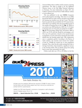 Zentrum Berlin where it will be used for neutron-scattering
                                                                                    experiments. The other in design is for the Spallation
                                                                                    Neutron Source at the Oak Ridge National Laboratory
                                                                                    in Tennessee. For more information on Opera 3D, visit
                                                                                    Cobham Technical Services/Vector Fields Software website
                                                                                    at www.cobham.com.
                                                                                       This was published in the new CEDIA Crosspoint
                                                                                    (www.cediacrosspoint.com) blog: “Now that we are solidly
                                                                                    beyond the half-way mark of 2010, I decided to go through
                                                                                    the housing start numbers over the last 5 years. This data,
                                                                                    based on quarterly data provided by the US Census bureau,
                                                                                    shows that we are making a slow, but measurable increase in
                                                                                    the number of housing starts in the US (Fig. 1). While we
         FIGURE 1: Housing starts by quarter, 2005 to present.
                                                                                    are nowhere near 2005 production (2009 was 74.1% lower
                                                                                    in housing starts over the peak year production of 2005—
                                                                                    Fig. 2), the percentage change from 2nd quarter 2009 to
                                                                                    2010 is up 14.5% and that should be encouraging to all.
                                                                                    One way to be optimistic is based on the natural increase
                                                                                    in population. At some point those entering the job market
                                                                                    should drive the housing market back. Take employment
                                                                                    rates vs. population growth. According to the Bureau of
                                                                                    Labor statistics, the economy must increase the number
                                                                                    of jobs by 150,000 per month just to meet population
                                                                                    demands. Thus, when the jobs market springs back (that is
                                                                                    the big if and when), there should be a significant increase
                                                                                    in the housing market. We are already seeing some spring
                                                                                    back in some areas, particularly the south.”
          FIGURE 2: Housing starts by year, 2005 to present.
                                                                                       Online retail sales rose 13% to $9 billion in the first
          E!
  AI OW
       BL
AV N
    LA




                                                                                       Back Issues on CD
                                        from Audio Amateur Inc.
                   All twelve issues from audioXpress 2010 have been reproduced on CD-ROM. The table of contents
                   has been linked to each article making navigation easy. Easy to store and use, subscribers can
                   purchase the CD for a special low price.

                   Highlights from 2010 include September’s concentration on loudspeakers as well as December’s
                   focus on LP playback systems. Sh. wt: 1 lb.
                   CDAX10 ........ Special Subscriber Price .. $19.95              Regular Price ...... $45.00



     To order call 1-888-924-9465                                               Old Colony Sound Laboratory, PO Box 876, Peterborough NH 03458-0876 USA
                                                                                            Toll-free: 888-924-9465 Phone: 603-924-9464 Fax: 603-924-9467
     or order on-line at www.audioXpress.com                                                        E-mail: custserv@audioXpress.com www.audioXpress.com


28   VOICE COIL
 