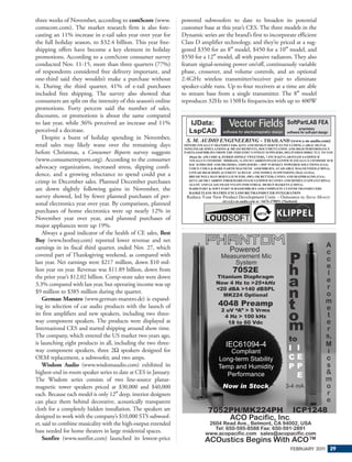 three weeks of November, according to comScore (www.            powered subwoofers to date to broaden its potential
comscore.com). The market research firm is also fore-           customer base at this year’s CES. The three models in the
casting an 11% increase in e-tail sales year over year for      Dynamic series are the brand’s first to incorporate efficient
the full holiday season, to $32.4 billion. This year free-      Class D amplifier technology, and they’re priced at a sug-
shipping offers have become a key element in holiday            gested $350 for an 8″ model, $450 for a 10″ model, and
promotions. According to a comScore consumer survey             $550 for a 12″ model, all with passive radiators. They also
conducted Nov. 11-15, more than three quarters (77%)            feature signal-sensing power on/off, continuously variable
of respondents considered free delivery important, and          phase, crossover, and volume controls, and an optional
one-third said they wouldn’t make a purchase without            2.4GHz wireless transmitter/receiver pair to eliminate
it. During the third quarter, 41% of e-tail purchases           speaker-cable runs. Up to four receivers at a time are able
included free shipping. The survey also showed that             to stream bass from a single transmitter. The 8″ model
consumers are split on the intensity of this season’s online    reproduces 32Hz to 150Hz frequencies with up to 400W
promotions. Forty percent said the number of sales,
discounts, or promotions is about the same compared
to last year, while 36% perceived an increase and 11%
perceived a decrease.
    Despite a burst of holiday spending in November,
retail sales may likely wane over the remaining days
before Christmas, a Consumer Reports survey suggests
(www.consumerreports.org). According to the consumer
advocacy organization, increased stress, slipping confi-
dence, and a growing reluctance to spend could put a
crimp in December sales. Planned December purchases
are down slightly following gains in November, the
survey showed, led by fewer planned purchases of per-
sonal electronics year over year. By comparison, planned
purchases of home electronics were up nearly 12% in
November year over year, and planned purchases of
major appliances were up 19%.
    Always a good indicator of the health of CE sales, Best
Buy (www.bestbuy.com) reported lower revenue and net
earnings in its fiscal third quarter, ended Nov. 27, which
covered part of Thanksgiving weekend, as compared with
last year. Net earnings were $217 million, down $10 mil-
lion year on year. Revenue was $11.89 billion, down from
the prior year’s $12.02 billion. Comp-store sales were down
3.3% compared with last year, but operating income was up
$9 million to $385 million during the quarter.
    German Maestro (www.german-maestro.de) is expand-
ing its selection of car audio products with the launch of
its first amplifiers and new speakers, including two three-
way component speakers. The products were displayed at
International CES and started shipping around show time.
The company, which entered the US market two years ago,
is launching eight products in all, including the two three-
way component speakers, three 2Ω speakers designed for
OEM replacement, a subwoofer, and two amps.
    Wisdom Audio (www.wisdomaudio.com) exhibited its
highest-end in-room speaker series to date at CES in January.
The Wisdom series consists of two line-source planar-
magnetic tower speakers priced at $30,000 and $40,000
each. Because each model is only 12″ deep, interior designers
can place them behind decorative, acoustically transparent
cloth for a completely hidden installation. The speakers are
designed to work with the company’s $10,000 STS subwoof-
er, said to combine musicality with the high-output extended
bass needed for home theaters in large residential spaces.
    Sunfire (www.sunfire.com) launched its lowest-price
                                                                                                                 FEBRUARY 201 29
                                                                                                                             1
 
