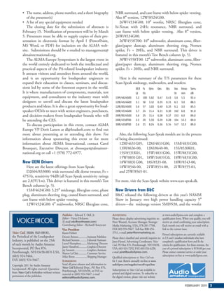 • The name, address, phone number, and a short biography                                 NBR surround, and cast frame with below spider venting.
             of the presenter(s)                                                                   Also 8″ version, 12W/8524G00.
          • A list of any special equipment needed                                                    26W/4534G00: 10″ woofer, NRSC fiberglass cone,
             The closing date for the submission of abstracts is                                   hi-Xmax with 24Hz resonance, NBR surround, and
          February 15. Notification of presenters will be by March                                 cast frame with below spider venting. Also 8″ version,
          5. Presenters must be able to supply copies of their pre-                                26W/8534G00.
          sentation in electronic format by April 1 (PowerPoint,                                      26W4558T00: 10″ subwoofer, aluminum cone, fiber-
          MS Word, or PDF) for inclusion on the ALMA web-                                          glass/paper dustcap, aluminum shorting ring, Nomex
          site. Submissions should be e-mailed to management@                                      spider, Fs = 20Hz, and NBR surround. This driver is
          almainternational.org.                                                                   featured in this month’s Test Bench column (p. 5).
             The ALMA Europe Symposium is the largest event in                                        30W/4558T00: 12″ subwoofer, aluminum cone, fiber-
          the world entirely dedicated to both the intellectual and                                glass/paper dustcap, aluminum shorting ring, Nomex
          practical aspects of the PA-related loudspeaker industry.                                spider, Fs = 20Hz, and NBR surround.
          It attracts visitors and attendees from around the world,
          and is an opportunity for loudspeaker engineers to                                         Here is the summary of the T/S parameters for these
          expand their education in classes, seminars, and discus-                                 Scan-Speak midrange, midwoofers, and woofers:
          sions led by some of the foremost experts in the world.                                                       DCR    Fs    Qms        Qes      Qts      Vas    Xmax      Sens.
          It is where manufacturers of components, materials, test                                                      Ω      Hz                                 ltr    mm        dB
          equipment, and consultants to the industry meet with                                     15M/4624G00          3.2    100   5.62       0.47     0.43     3.6    1.5       92.4
          designers to unveil and discuss the latest loudspeaker                                   12W/4524G00          3.1    56    3.12       0.35     0.31     6.1    3.0       88.5
          products and ideas. It is also a great opportunity for loud-                             12W/8524G00          5.6    57    3.03       0.40     0.35     6.1    3.0       85.5
          speaker OEMs to meet with senior engineers, purchasers,                                  26W/4534G00          3.7    24    11.4       0.31     0.30     162    6.0       91.0
          and decision-makers from loudspeaker brands who will                                     26W/8534G00          5.6    25    11.4       0.38     0.37     153    6.0       89.0
          be attending the CES.                                                                    26W/4558T00          2.5    20    5.59       0.29     0.28     104    12.5      89.0
             To discuss participation in this event, contact ALMA                                  30W/4558T00          2.6    21    8.24       0.36     0.34     147    12.5      89.0
          Europe VP Dorit Larsen at dl@loudsoft.com to find out
          more about presenting at or attending this show. For                                        Also, the following Scan-Speak models are in the process
          information about sponsoring this event or for more                                      of being discontinued:
          information about ALMA International, contact Carol                                         12M/4631G05, 12M/4831G00, 15M/4831G00,
          Bousquet, Executive Director, at cbousquet@almainter-                                       13M/8636-00, 13M/8640-00, 15S/8530K01,
          national.org or call +1 (978) 772-6977.                                                     15S/8531K01, 15W/4831G00, 15W/8831G00,
                                                                                                      15W/8831G01, 18W/16831G0, 18W/4831G00,
          New OEM Drivers                                                                             18W/8831G00, 18S/8535-00,          18W/8543-00,
             Here are the latest offerings from Scan-Speak:                                           18W/8546-00, 21W/8554-00, 21W/8555-01,
             D2604/833000: wide surround silk dome tweeter, Fs =                                      and 25W/8565-01.
          475Hz, sensitivity 94dB (all Scan-Speak sensitivity ratings
          are 2.83V/1m). This driver is featured in this month’s Test                              For more, visit the Scan-Speak website www.scan-speak.dk.
          Bench column (p. 5).
             15M/4624G00: 5.25″ midrange, fiberglass cone, phase                                   New Drivers from B&C
          plug, aluminum shorting ring, coated foam surround, and                                  B&C released the following drivers at this year’s NAMM
          cast frame with below spider venting.                                                    Show in January: two high power handling capacity 5″
             12W/4524G00: 4″ midwoofer, NRSC fiberglass cone,                                      drivers—the midrange version 5MDN38, and the woofer

                                             Publisher - Edward T. Dell, Jr.                    ADVERTISING                                           at www.audioXpress.com and complete a
                                             Editor - Vance Dickason                            Please direct display advertising inquiries to:       qualification form. When you qualify, you will
                                             (E-mail vdc@northwest.com)                         Peter Wostrel, Account Manager, Strategic             receive an email confirming your subscription.
                                             Contributing Editor - Richard Honeycutt            Media Marketing, USA, 978-281-7708,                   Each month you will receive an email with a
                                             Vice President                                     FAX 603-924-9467, Toll-free 800-454-                  link to the current issue.
Voice Coil, (ISSN 1521-091X),                Karen Hebert                                       3741, e-mail peter@smmarketing.us.
                                                                                                                                                      Printed subscriptions are currently available
the Periodical of the Loudspeaker            Dennis Brisson .............Assistant Publisher    Please direct classified and artwork inquiries to:    to US and Canadian individuals who have
Industry, is published on the 25th           Richard Surrette ...........Editorial Assistant    Janet Hensel, Advertising Coordinator, Voice          completed a qualification form and fit the
of each month by Audio Amateur               Laurel Humphrey.........Marketing Director                                                               criteria for qualification. For those overseas, the
                                                                                                Coil, PO Box 876, Peterborough, NH 03458,
                                             Jason Hanaford ............Graphics Director
Incorporated, PO Box 876,                    Jay Sennott...................Graphics Assistant   USA, 603-924-7292, FAX 603-924-6230,                  cost of a printed subscription is $150.00 per year.
Peterborough, NH 03458-0876 USA, Sharon LeClair .............Customer Service                   e-mail janet@audioXpress.com.                         Please contact customer service or order your
(603) 924-9464,                              Mike Biron ..................Shipping Manager                                                            subscription on-line at www.audioXpress.com.
                                                                                                Qualified subscriptions to Voice Coil run
FAX (603) 924-9467.                          SUBMISSIONS                                        for 1 year. Renew annually on-line at www.
Copyright 2011 by Audio Amateur              Send all press releases and information to         audioXpress.com/magsdirx/voxcoil/vcqual.htm
Incorporated. All rights reserved. Quotation Voice Coil Editorial Dept., PO Box 876,            Subscriptions to Voice Coil are available in
                                             Peterborough, NH 03458, or FAX us
from Voice Coil is forbidden without written                                                    printed and digital versions. To subscribe to
                                             material at (603) 924-9467, e-mail
permission of the publisher.                 editorial@audioXpress.com.                         the digital version, please visit our website

                                                                                                                                                                             FEBRUARY 201 3
                                                                                                                                                                                         1
 