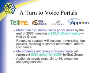 A Turn to Voice Portals  More than 128 million voice portal users  by the end of 2005, creating  a $12.3 billion industry —Kelsey Group  Revenues sources will include:  advertising, fee-per-call, reselling customer information, and m-commerce. M-commerce migrating to V-commerce  will represent  $520 million by 2005 --In-Stat Group. Audience largely male: 24 to 44; except for shopping services 