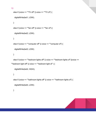 13  
​ ​​ ​​ ​​ ​else​ ​if​ ​(voice​ ​==​ ​"*TV​ ​off"​ ​||​ ​voice​ ​==​ ​"*TV​ ​of")​ ​{
​ ​​ ​​ ​​ ​​ ​​ ​digitalWrite(led1,​ ​LOW);
​ ​​ ​​ ​​ ​}
​ ​​ ​​ ​​ ​else​ ​if​ ​(voice​ ​==​ ​"*fan​ ​off"​ ​||​ ​voice​ ​==​ ​"*fan​ ​of")​ ​{
​ ​​ ​​ ​​ ​​ ​​ ​digitalWrite(led2,​ ​LOW);
​ ​​ ​​ ​​ ​}
​ ​​ ​​ ​​ ​else​ ​if​ ​(voice​ ​==​ ​"*computer​ ​off"​ ​||​ ​voice​ ​==​ ​"*computer​ ​of")​ ​{
​ ​​ ​​ ​​ ​​ ​​ ​digitalWrite(led3,​ ​LOW);
​ ​​ ​​ ​​ ​}
​ ​​ ​​ ​​ ​else​ ​if​ ​(voice​ ​==​ ​"*bedroom​ ​lights​ ​off"​ ​||​ ​voice​ ​==​ ​"*bedroom​ ​lights​ ​of"​ ​||voice​ ​==
"*bedroom​ ​light​ ​off"​ ​||​ ​voice​ ​==​ ​"*bedroom​ ​light​ ​of"​ ​)​ ​{
​ ​​ ​​ ​​ ​​ ​​ ​digitalWrite(led4,​ ​HIGH);
​ ​​ ​​ ​​ ​}
​ ​​ ​​ ​​ ​else​ ​if​ ​(voice​ ​==​ ​"*bathroom​ ​lights​ ​off"​ ​||​ ​voice​ ​==​ ​"*bathroom​ ​lights​ ​of")​ ​{
​ ​​ ​​ ​​ ​​ ​​ ​digitalWrite(led5,​ ​LOW);
​ ​​ ​​ ​​ ​}
   
 
 
 