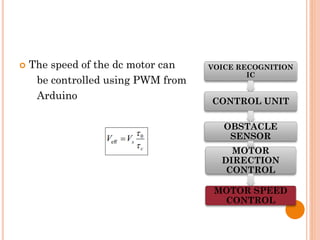  The speed of the dc motor can
be controlled using PWM from
Arduino
VOICE RECOGNITION
IC
CONTROL UNIT
OBSTACLE
SENSOR
MOTOR
DIRECTION
CONTROL
MOTOR SPEED
CONTROL
 