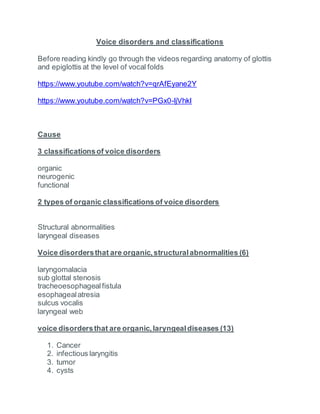 Voice disorders and classifications
Before reading kindly go through the videos regarding anatomy of glottis
and epiglottis at the level of vocal folds
https://www.youtube.com/watch?v=qrAfEyane2Y
https://www.youtube.com/watch?v=PGx0-ljVhkI
Cause
3 classificationsof voice disorders
organic
neurogenic
functional
2 types of organic classifications of voice disorders
Structural abnormalities
laryngeal diseases
Voice disordersthat are organic,structuralabnormalities (6)
laryngomalacia
sub glottal stenosis
tracheoesophagealfistula
esophagealatresia
sulcus vocalis
laryngeal web
voice disordersthat are organic,laryngealdiseases (13)
1. Cancer
2. infectious laryngitis
3. tumor
4. cysts
 