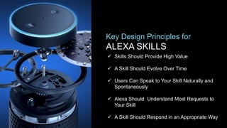 Key Design Principles for
ALEXA SKILLS
 Skills Should Provide High Value
 A Skill Should Evolve Over Time
 Users Can Speak to Your Skill Naturally and
Spontaneously
 Alexa Should Understand Most Requests to
Your Skill
 A Skill Should Respond in an Appropriate Way
 