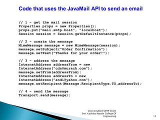 Voice Enabled SMTP Client
Smt. Kashibai Navale College Of
Engineering 15
Code that uses the JavaMail API to send an email
// 1 - get the mail session
Properties props = new Properties();
props.put("mail.smtp.host", "localhost");
Session session = Session.getDefaultInstance(props);
// 2 - create the message
MimeMessage message = new MimeMessage(session);
message.setSubject("Order Confirmation");
message.setText("Thanks for your order!");
// 3 – address the message
InternetAddress addressFrom = new
InternetAddress("cds@murach.com");
message.setFrom(addressFrom);
InternetAddress addressTo = new
InternetAddress("andi@yahoo.com");
message.setRecipient(Message.RecipientType.TO,addressTo);
// 4 - send the message
Transport.send(message);
 