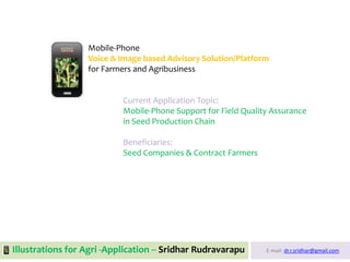 E-mail: dr.r.sridhar@gmail.com
Mobile-Phone
Voice & Image based Advisory Solution/Platform
for Farmers and Agribusiness
Current Application Topic:
Mobile-Phone Support for Field Quality Assurance
in Seed Production Chain
Beneficiaries:
Seed Companies & Contract Farmers
Illustrations for Agri -Application -- Sridhar Rudravarapu
 