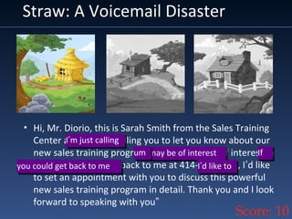 Straw: A Voicemail Disaster
• Hi, Mr. Diorio, this is Sarah Smith from the Sales Training
Center and I’m just calling you to let you know about our
new sales training program that, um may be of interest to
you. If you could get back to me at 414-555-1212, I’d like
to set an appointment with you to discuss this powerful
new sales training program in detail. Thank you and I look
forward to speaking with you”
Score: 10
I’m just callingI’m just calling
may be of interestmay be of interest
I’d like toI’d like to
IfIf
you could get back to meyou could get back to me
umum
 