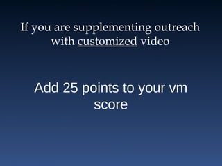 If you are supplementing outreach
with customized video
Add 25 points to your vm
score
 