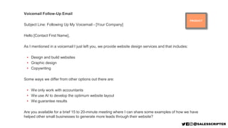 PRODUCT
Voicemail Follow-Up Email
Subject Line: Following Up My Voicemail - [Your Company]
Hello [Contact First Name],
As ...