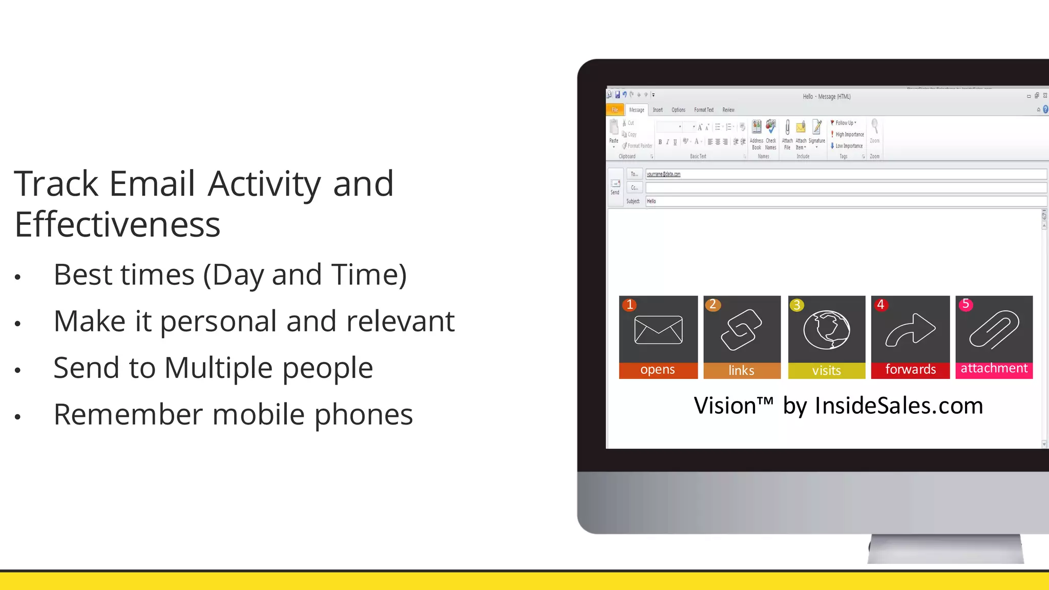 Track Email Activity and
Effectiveness
• Best times (Day and Time)
• Make it personal and relevant
• Send to Multiple people
• Remember mobile phones
opens
1
links
2
visits
3
forwards
4
attachment
s
5
Vision™	
  by	
  InsideSales.com
 