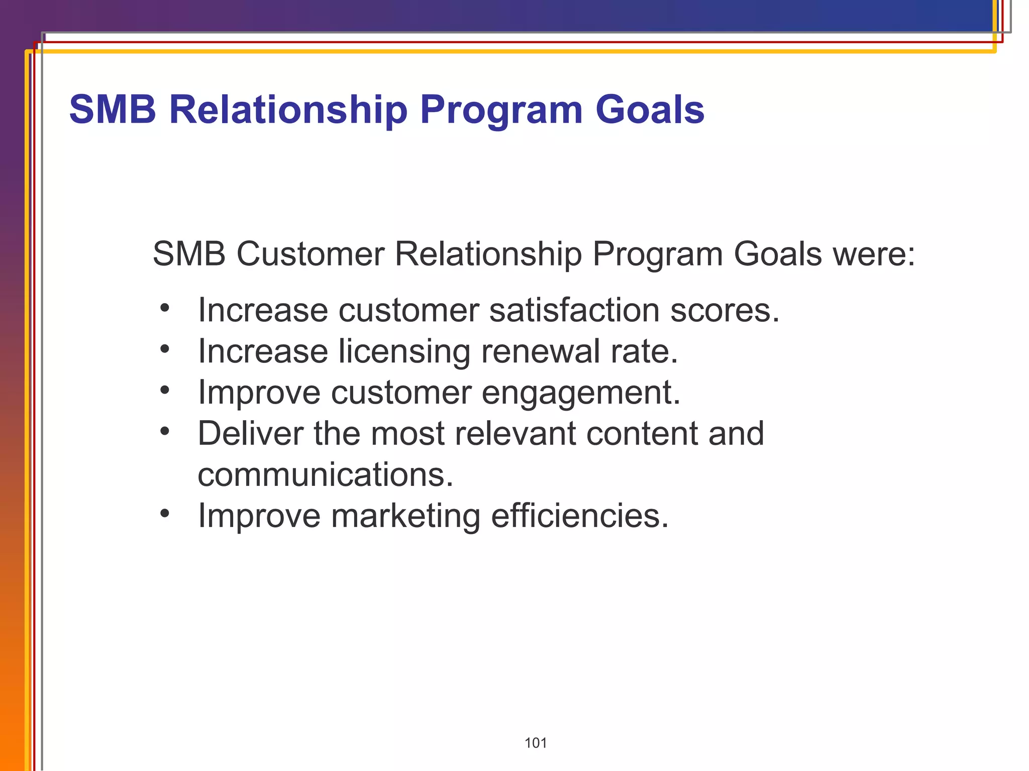 SMB Relationship Program Goals SMB Customer Relationship Program Goals were: Increase customer satisfaction scores. Increase licensing renewal rate. Improve customer engagement. Deliver the most relevant content and communications. Improve marketing efficiencies. 