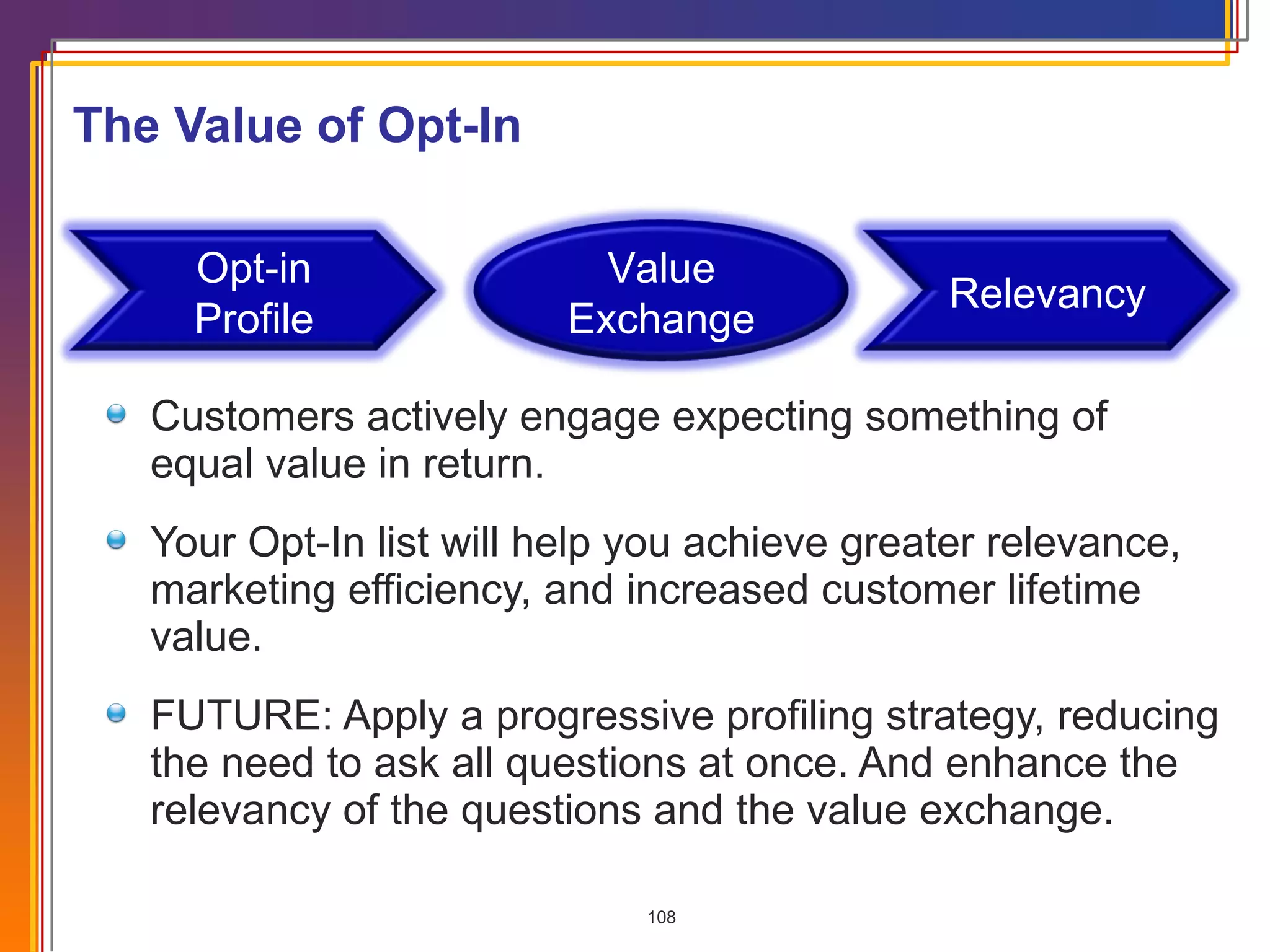 The Value of Opt-In  Customers actively engage expecting something of equal value in return. Your Opt-In list will help you achieve greater relevance, marketing efficiency, and increased customer lifetime value. FUTURE: Apply a progressive profiling strategy, reducing the need to ask all questions at once. And enhance the relevancy of the questions and the value exchange. Value Exchange Relevancy Opt-in Profile 