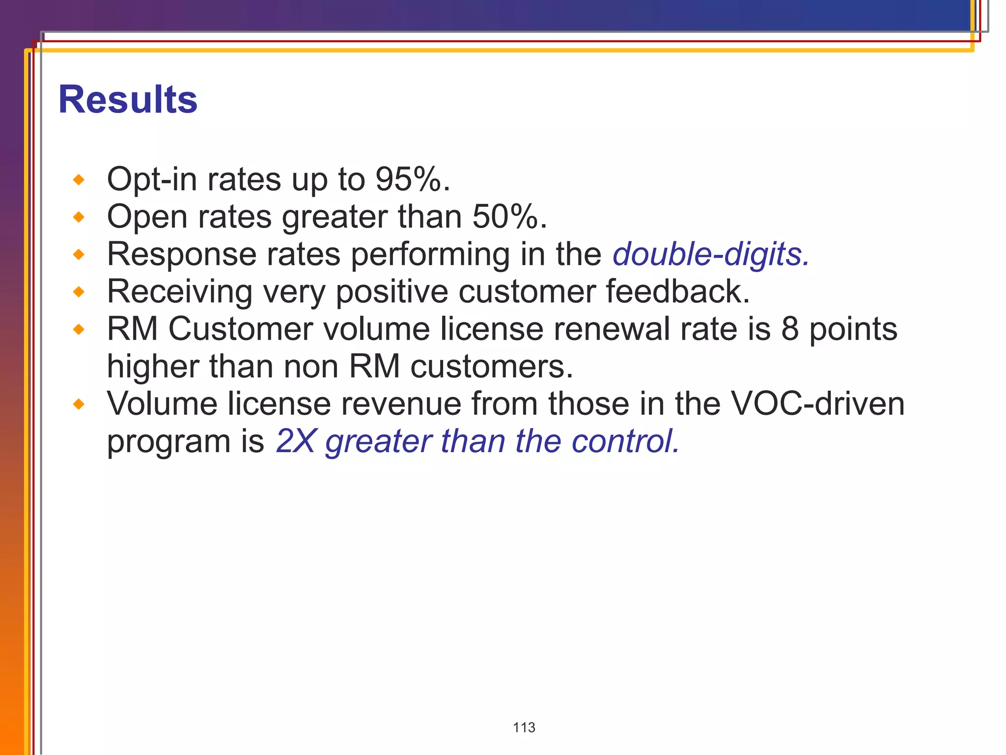 Results Opt-in rates up to 95%. Open rates greater than 50%. Response rates performing in the  double-digits. Receiving very positive customer feedback. RM Customer volume license renewal rate is 8 points higher than non RM customers. Volume license revenue from those in the VOC-driven program is  2X greater than the control.  
