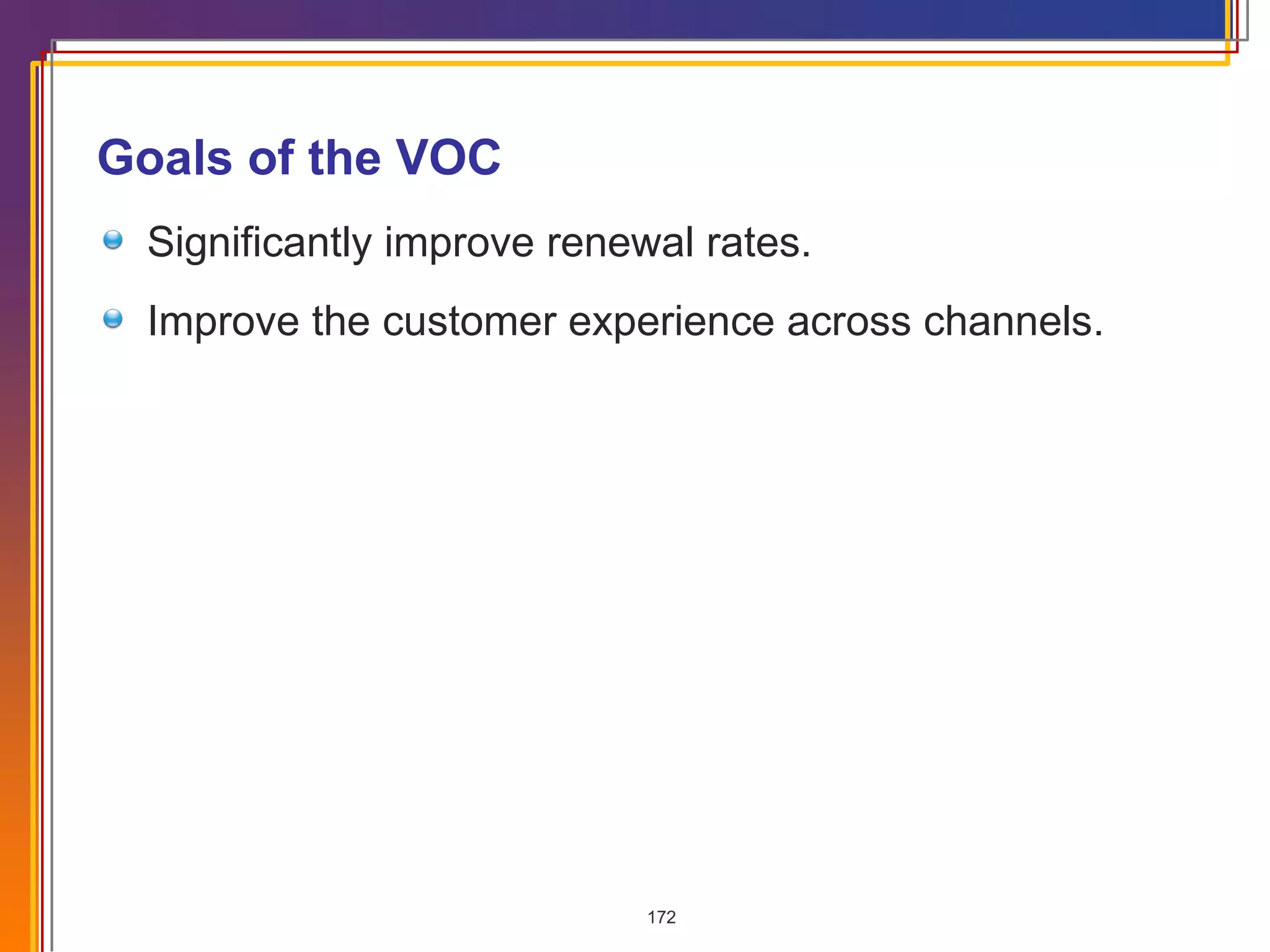 Goals of the VOC Significantly improve renewal rates. Improve the customer experience across channels. 