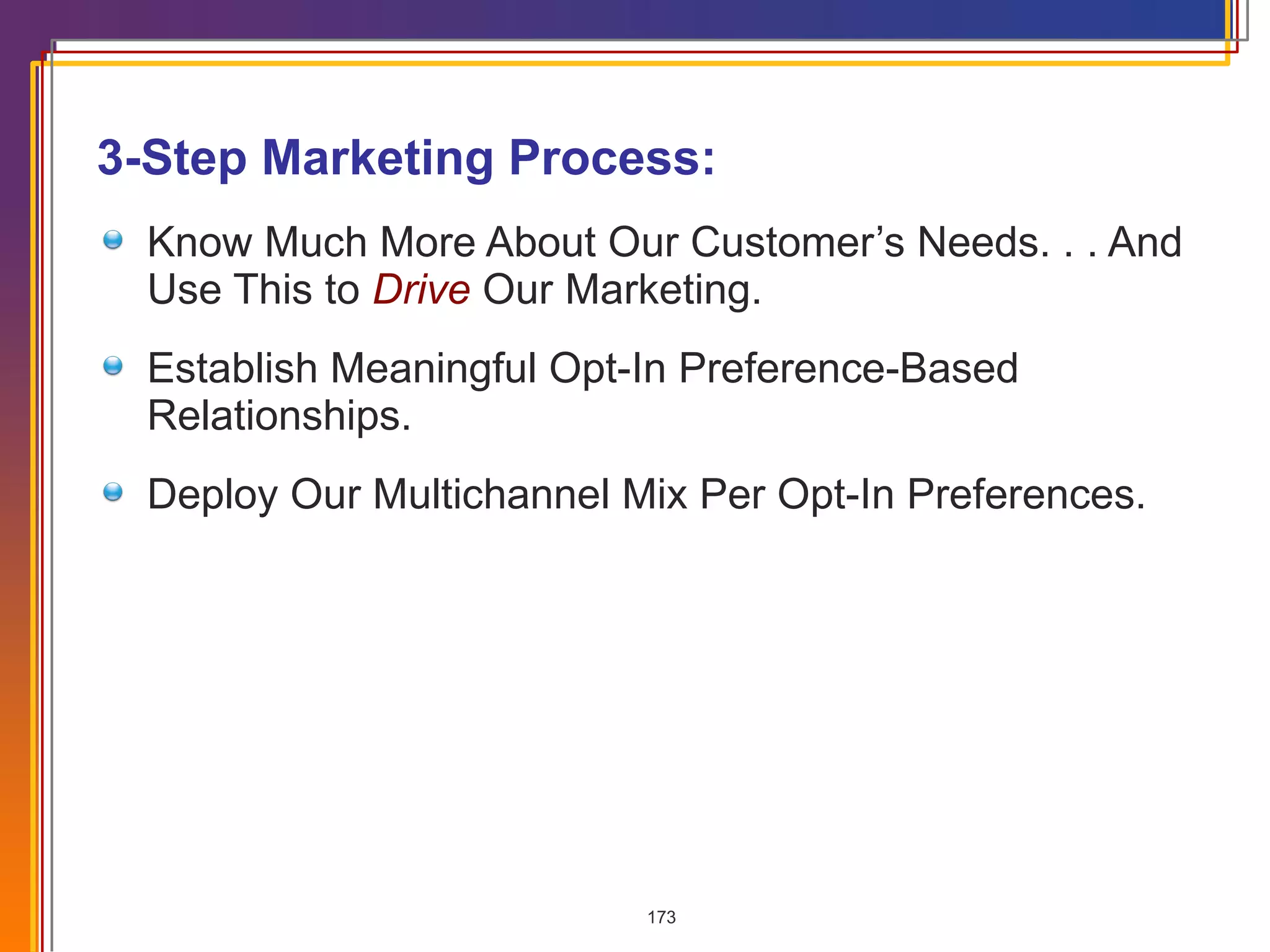3-Step Marketing Process: Know Much More About Our Customer’s Needs. . . And Use This to  Drive   Our Marketing. Establish Meaningful Opt-In Preference-Based Relationships. Deploy Our Multichannel Mix Per Opt-In Preferences. 