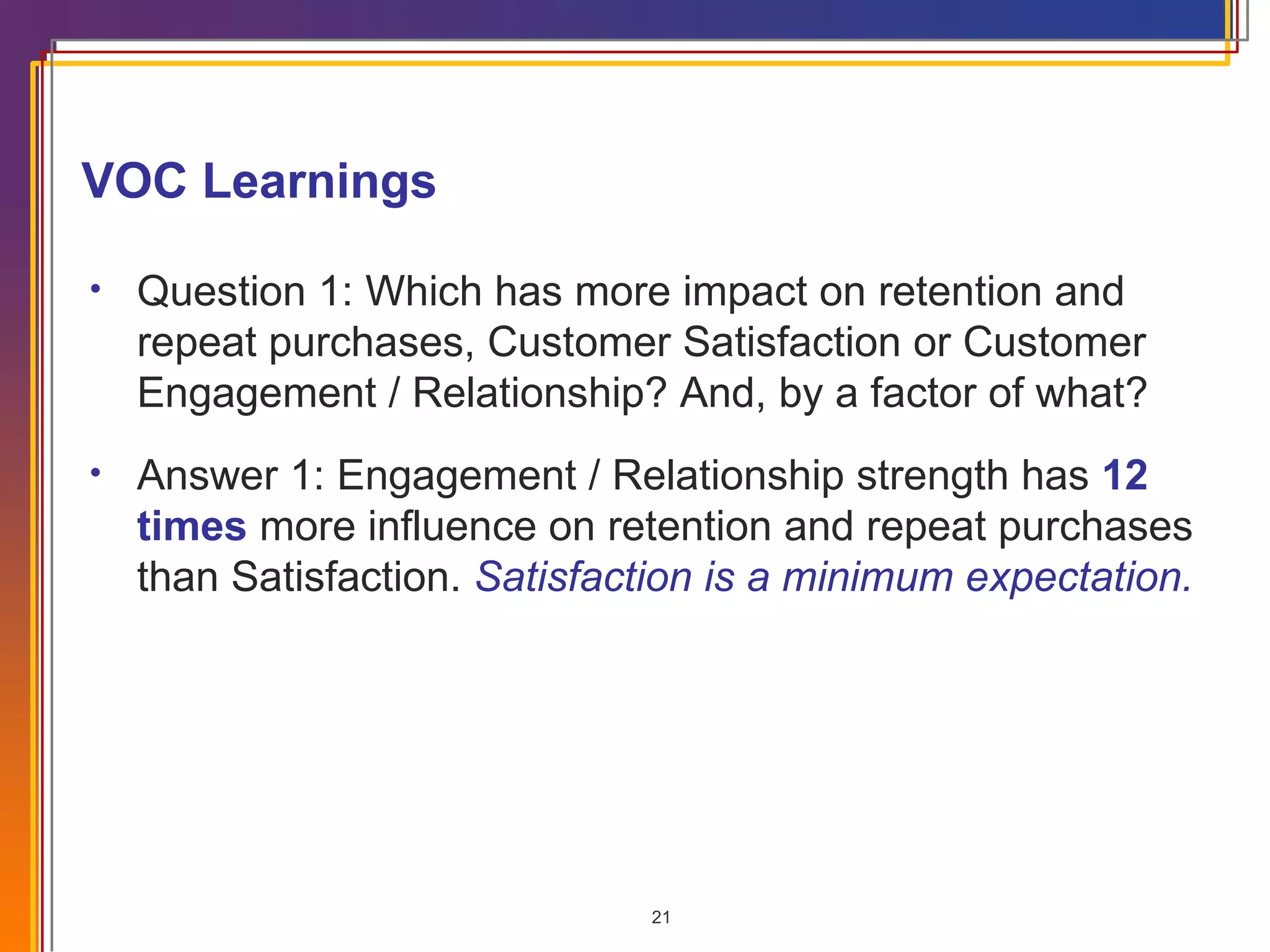 VOC Learnings  Question 1:  Which has more impact on retention and repeat purchases, Customer Satisfaction or Customer Engagement / Relationship? And, by a factor of what? Answer 1: Engagement / Relationship strength has  12 times  more influence on retention and repeat purchases than Satisfaction.  Satisfaction is a minimum expectation. 