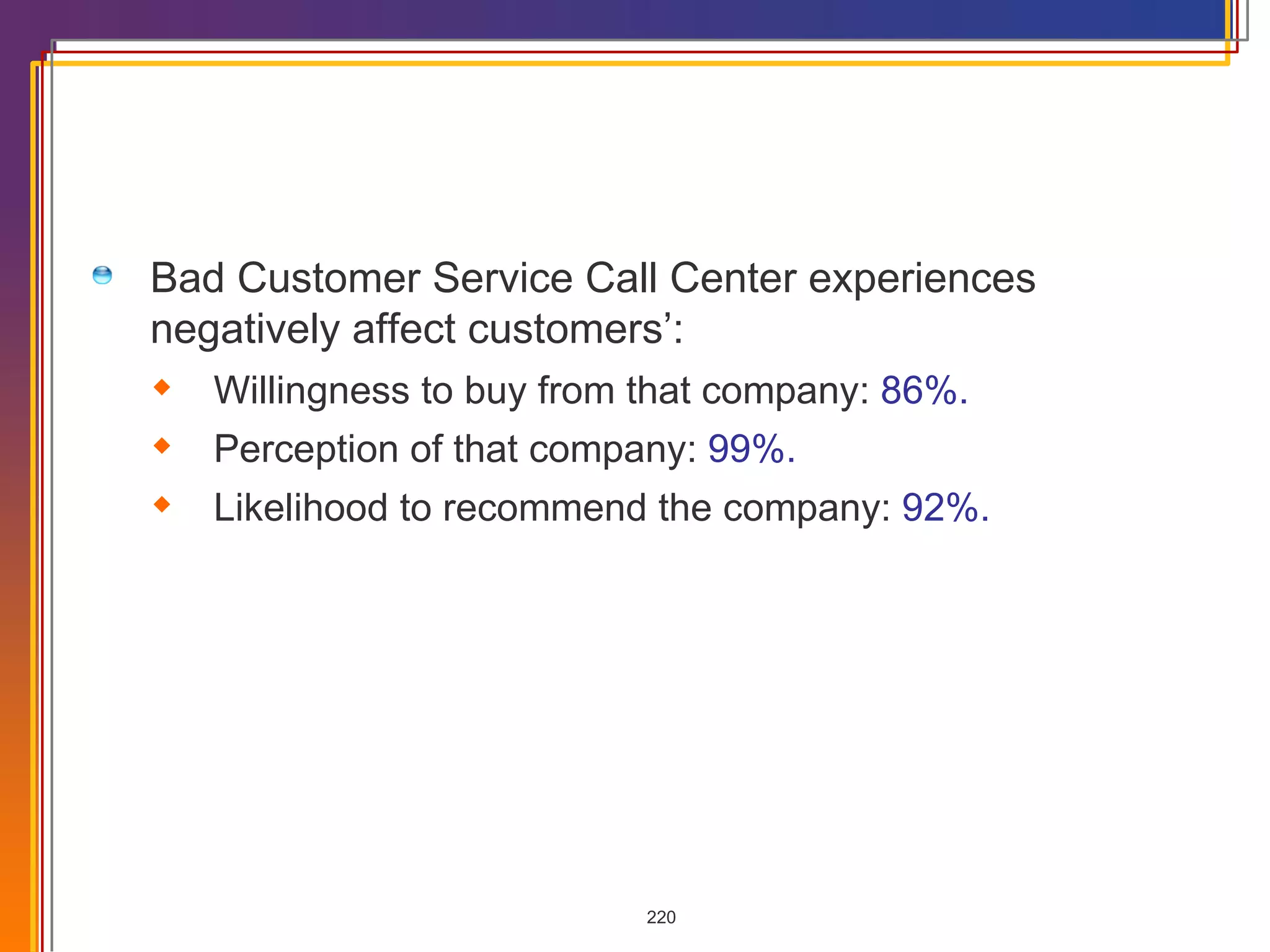 Bad Customer Service Call Center experiences negatively affect customers’: Willingness to buy from that company:  86%. Perception of that company:   99%. Likelihood to recommend the company:  92%. 