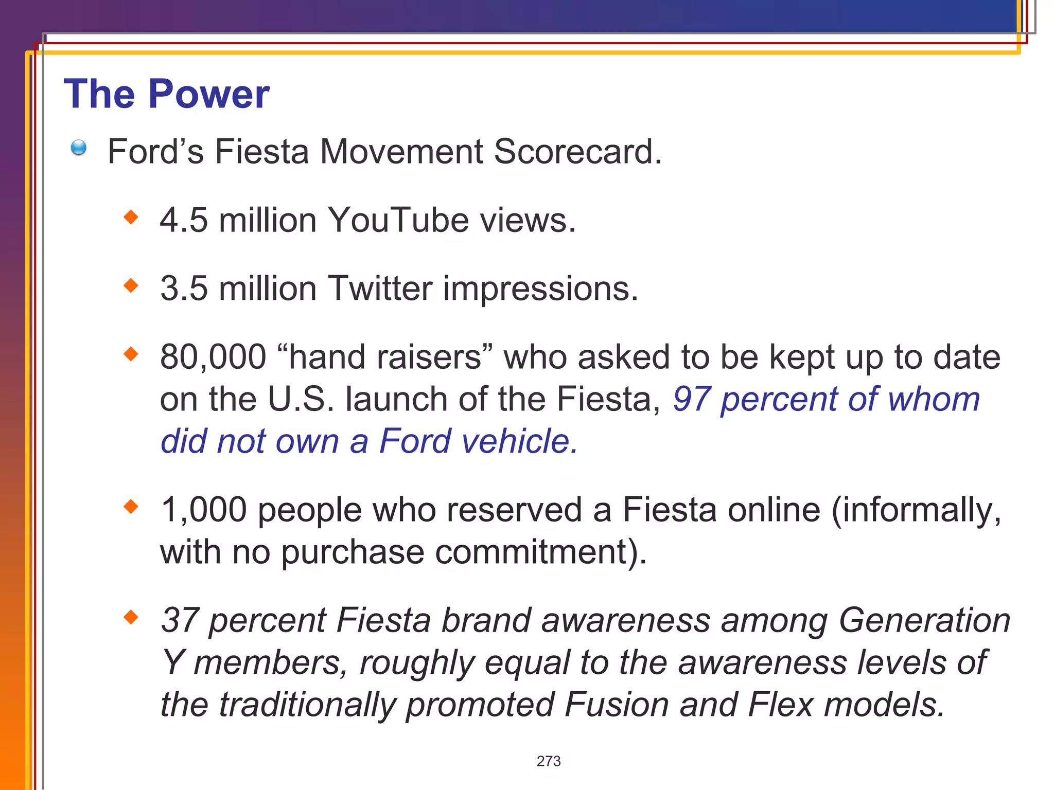 The Power  Ford’s Fiesta Movement Scorecard. 4.5 million YouTube views. 3.5 million Twitter impressions. 80,000 “hand raisers” who asked to be kept up to date on the U.S. launch of the Fiesta,  97 percent of whom did not own a Ford vehicle. 1,000 people who reserved a Fiesta online (informally, with no purchase commitment). 37 percent Fiesta brand awareness among Generation Y members, roughly equal to the awareness levels of the traditionally promoted Fusion and Flex models.   