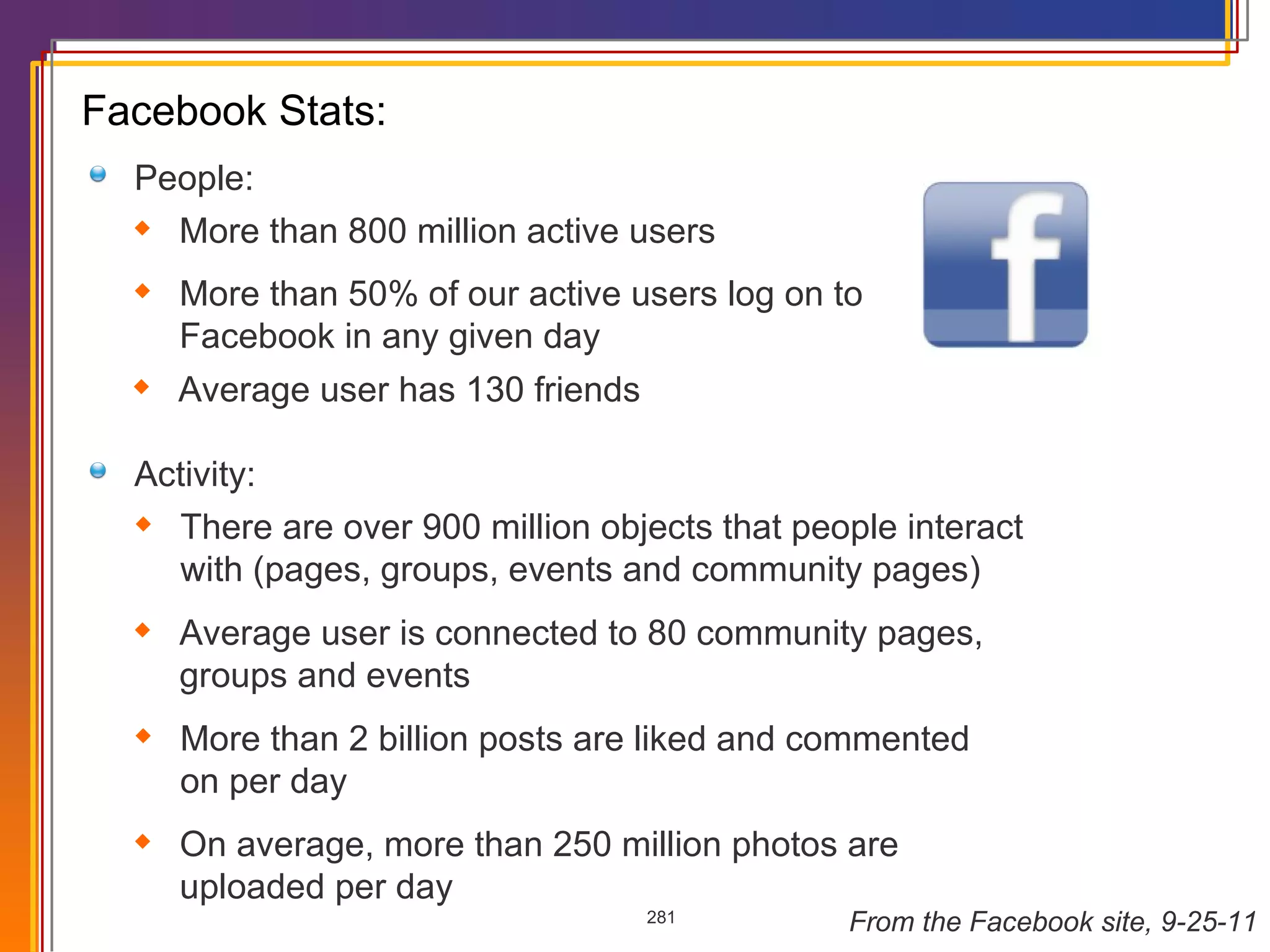 Facebook Stats: People: More than 800 million active users More than 50% of our active users log on to  Facebook in any given day Average user has 130 friends Activity:  There are over 900 million objects that people interact  with (pages, groups, events and community pages) Average user is connected to 80 community pages,  groups and events More than 2 billion posts are liked and commented  on per day On average, more than 250 million photos are  uploaded per day From the Facebook site, 9-25-11 